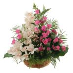 Корзина из роз, орхидей и декоративной зелени, потрясающий воображение подарок.