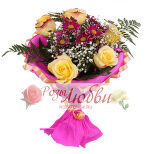 №55. Роза, хризантема кустовая, гипсофила, папоротник, оформление.