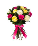 № 200 Букет из 15 разноцветных роз с рускусом.