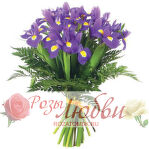 №78. Букет из 17 ирисов и папоротника. Красиво связанных яркой широкой лентой.