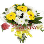 №149 Букет из 5 гербер 4 хризантем с зеленью в сетке.