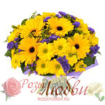 №79. Букет сборный из 5 гербер, 5 хризантем, 5 статиц. Оформлен зеленью в яркой упаковке