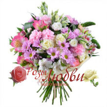 №157 Букет из хризантемы, гвоздик, альстромерий, эустомы, кустовой розы с зеленью.