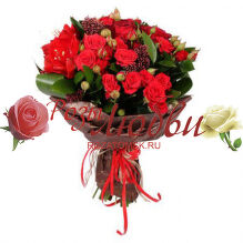 №161 Букет из 5 шт. Алых роз и 6 шт. Алых кустовых роз с зеленью.